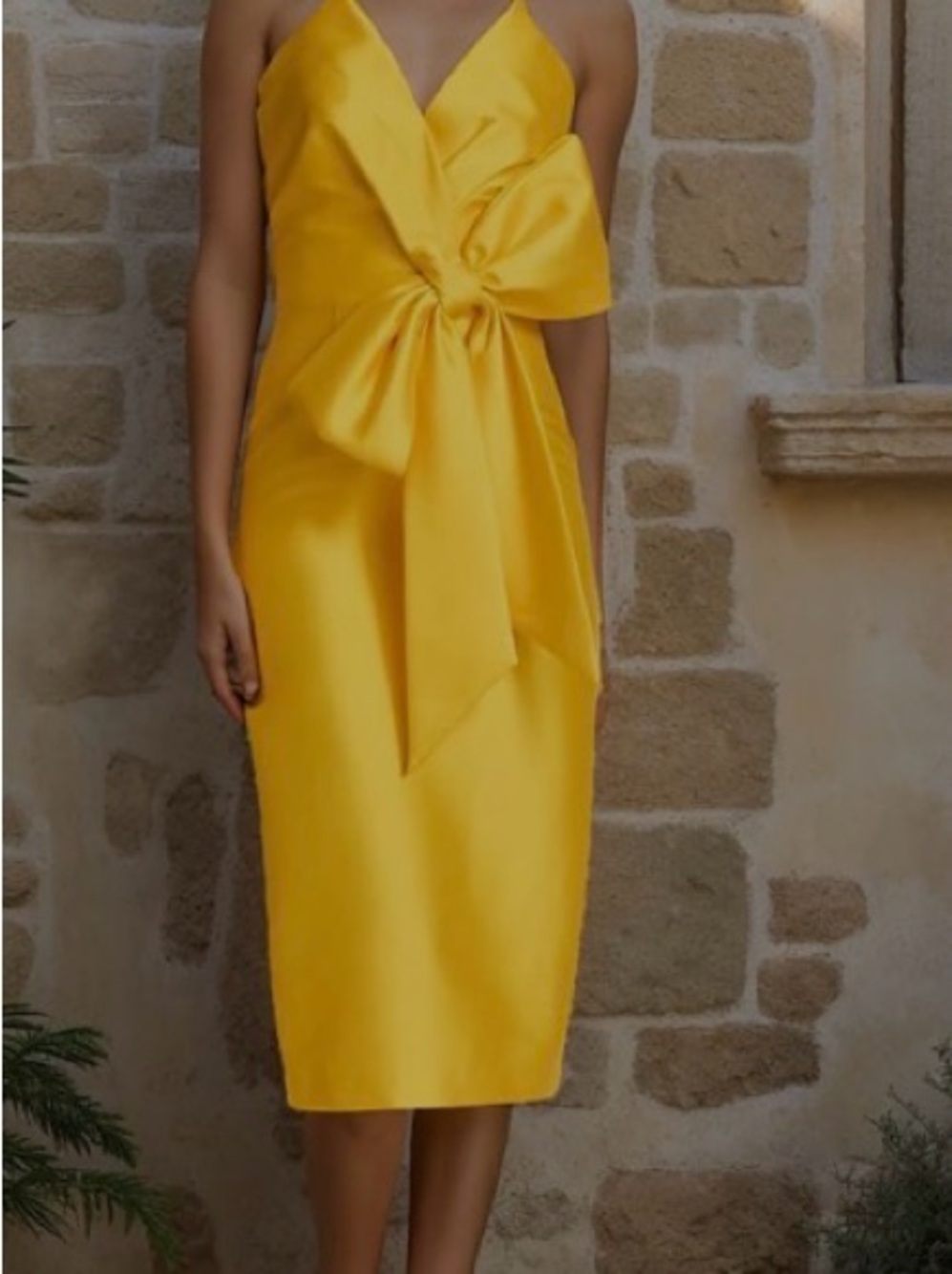 Satin Yellow Bow-Detail Midi Dress